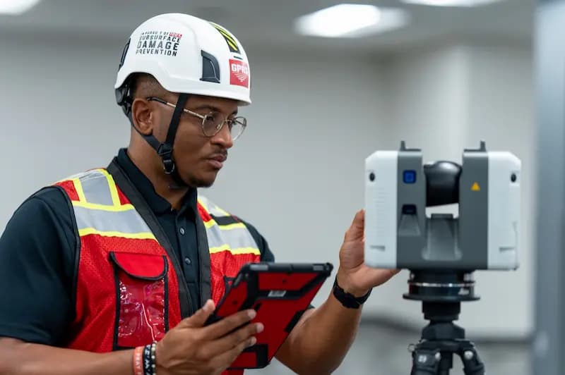 GPRS Project Manager in a white hard hat labeled 'GPRS,’ ‘Subsurface Damage Prevention,' and red safety vest using a tablet in front of a tripod-mounted 3D laser scanner.