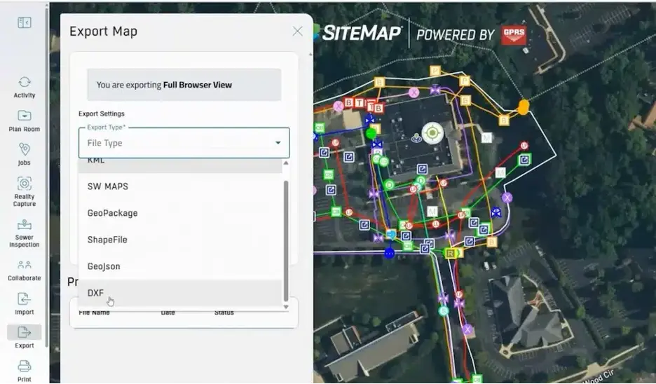 A screenshot of SiteMap displaying an export map feature.