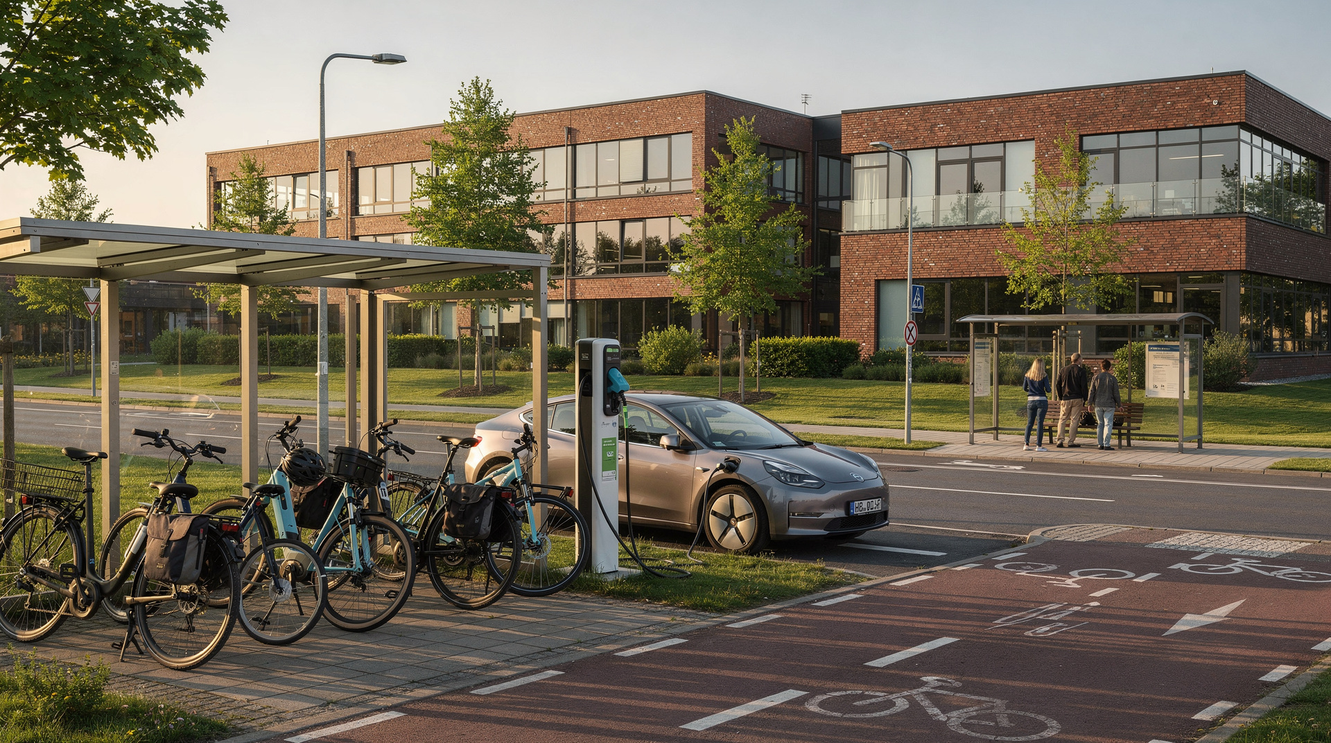 KI-generiertes Bild: Beratungsszene im Büro mit Blick auf Straßenbahn und Radverkehr – betriebliche Mobilität im Unternehmensalltag