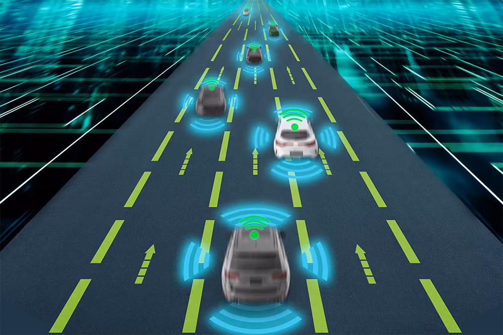An illustration of autonomous vehicles communicating on a smart highway.