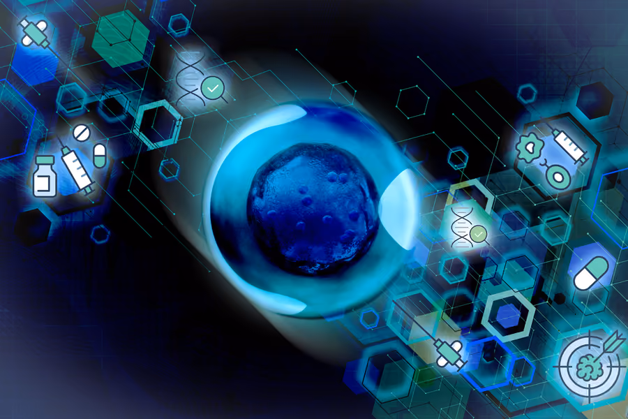 Encased cell with medical icons against abstract background