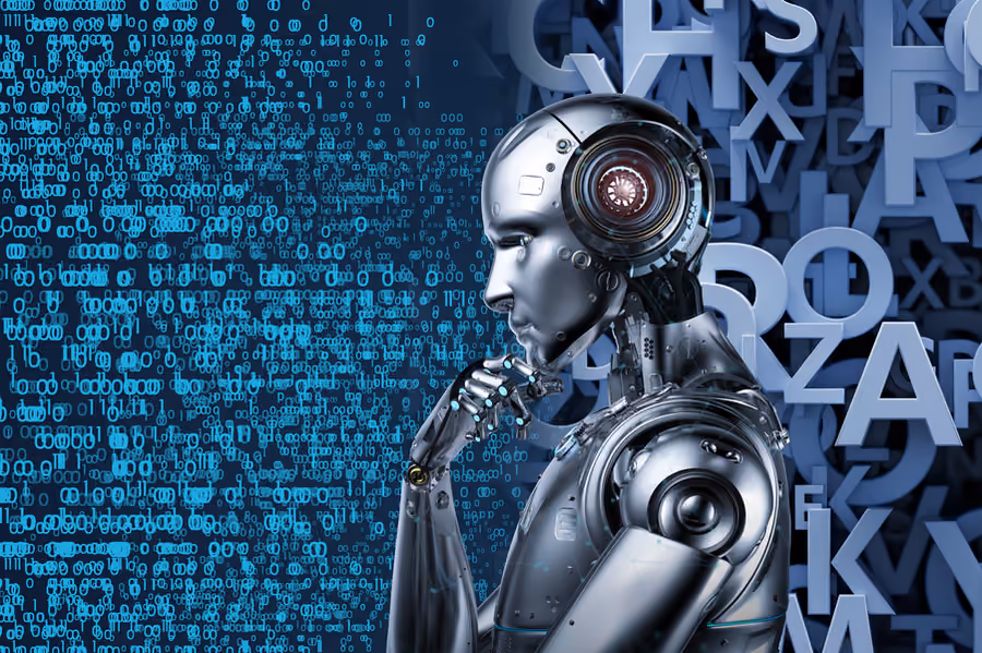 A robot thinking between numbers and letters"