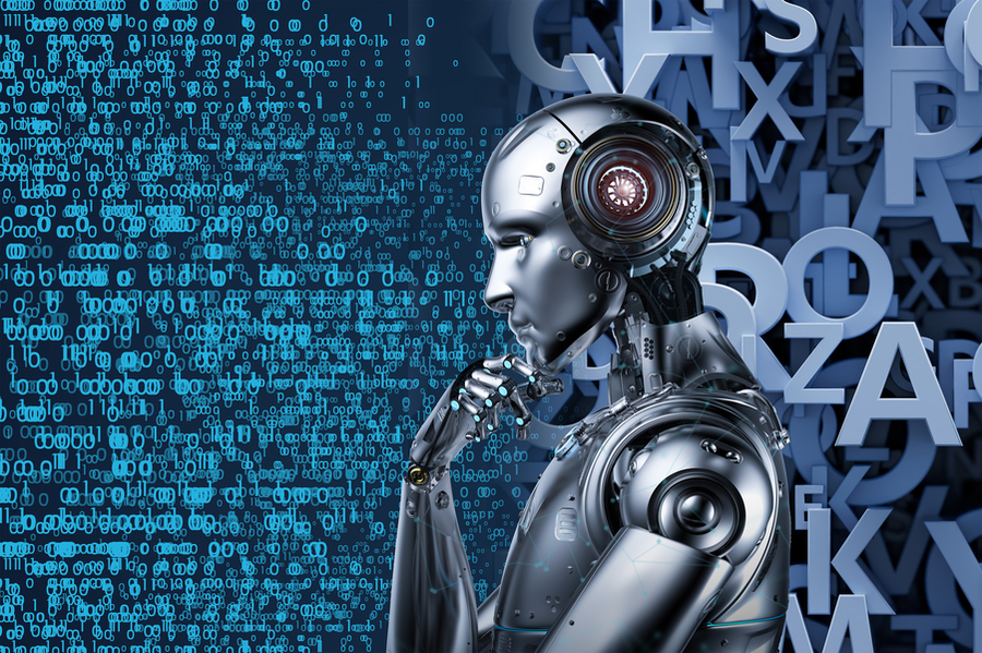 A robot thinking between numbers and letters"