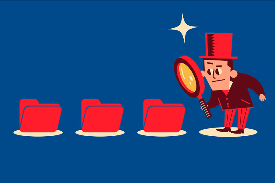 Unique characters vector art illustration. A detective examines the file folder through a magnifying glass. Three file folders in a row. Flat colors, minimalist style.