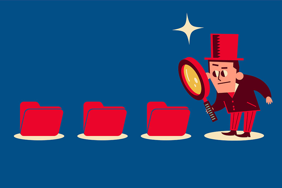 Unique characters vector art illustration. A detective examines the file folder through a magnifying glass. Three file folders in a row. Flat colors, minimalist style.