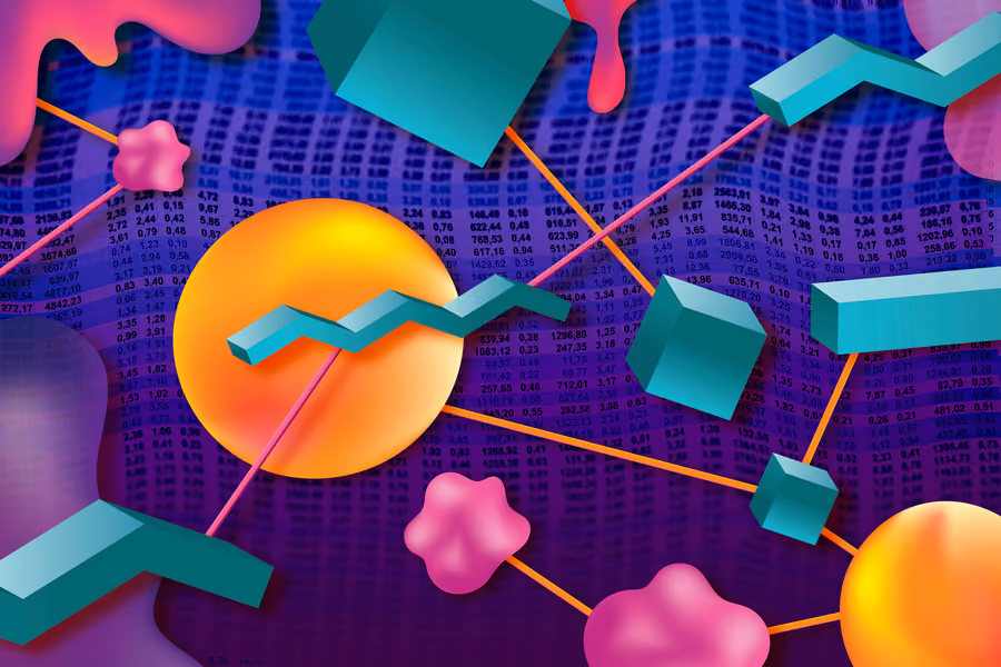 Funky shapes float above a stylized spreadsheet