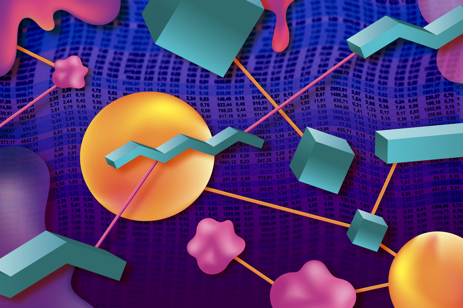Funky shapes float above a stylized spreadsheet