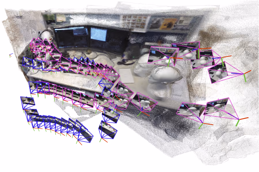 "Figure shows the flight path of a drone that captures photos, and the partially-generated office cubicle it senses."