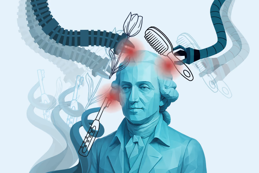 Bust of a man in colonial garb being tended by robotic manipulators holding a comb, a toothbrush, and a tulip