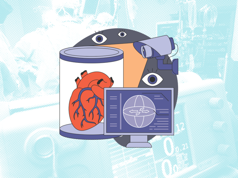 Illustration of a human heart in a canister behind a computer. Above is a security camera surrounded by eyeballs.