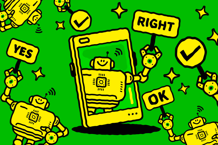 A robot holds signs saying, “yes! OK! Right!”