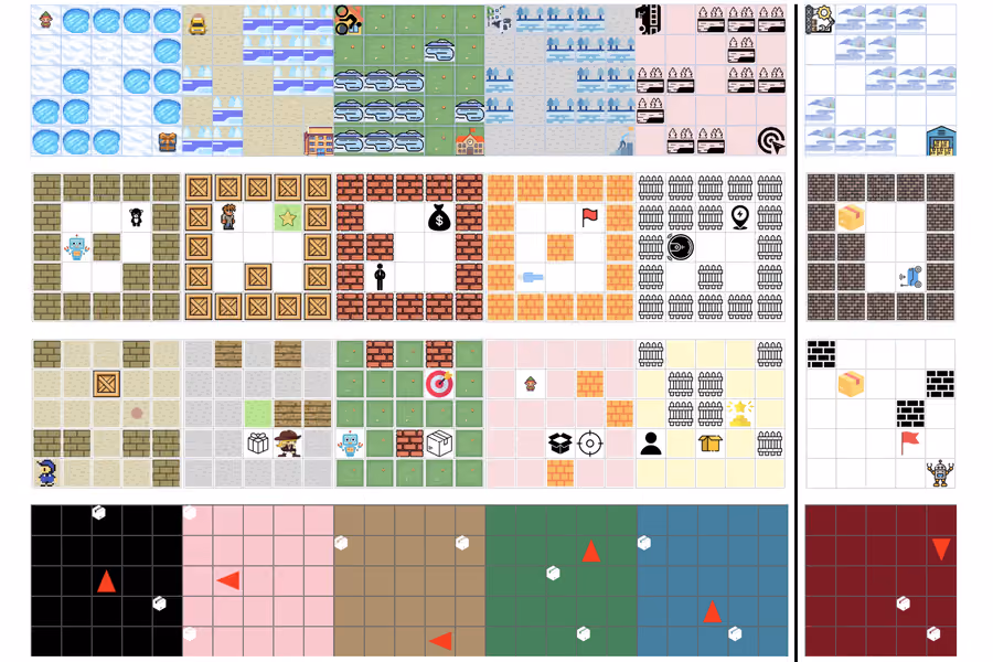 Several simple 2D videogames that are mazes with obstacles and prizes. On right, there are hidden traps on the gameboard.