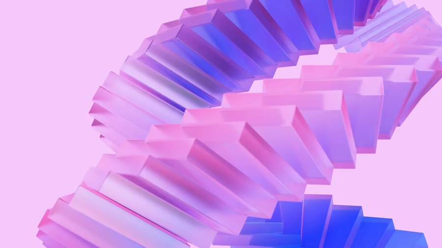 Abstract pink and blue 3D geometric staircase-like spiral with gradient blocks on pastel background