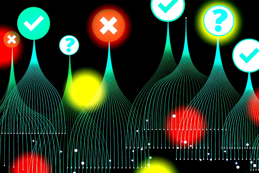 Lines forming cones are connected to check marks, question marks, and \"x\" icons.