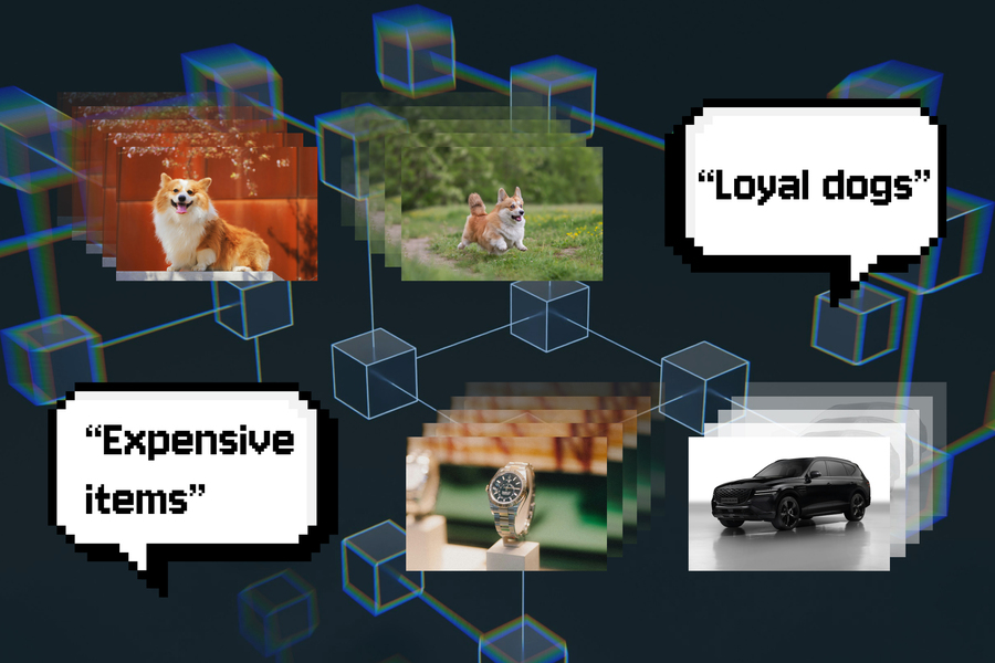 Top: Photos of corgis next to a speech bubble that reads Loyal dogs. Bottom: photos of watch and SUV next to a speech bubble that reads Expensive items