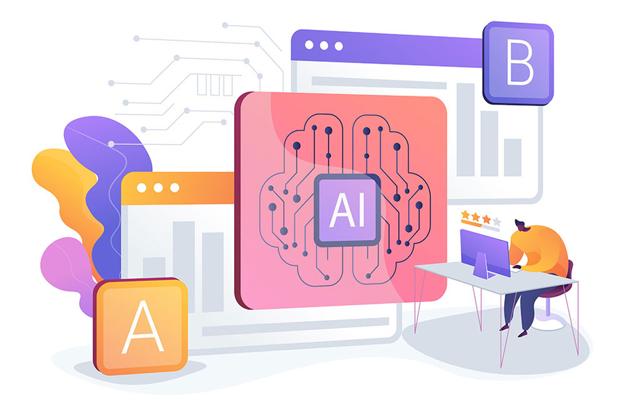 Conceptual illustration for A-B Testing and AI-Refined Marketing has a cartoon figure sitting at a computer next to a giant CPU labeled “AI” and two giant cards labeled “A” and “B\"