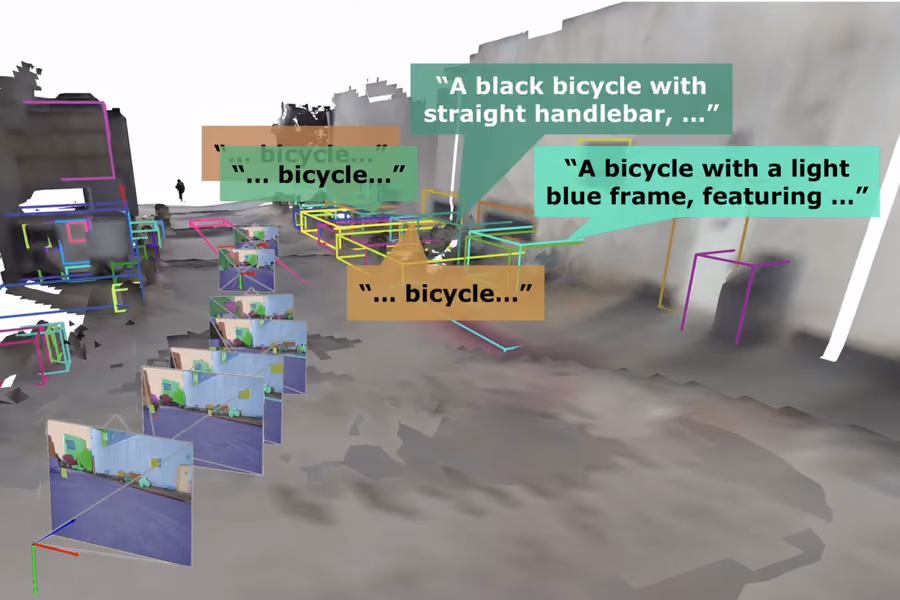 A robot’s virtual view of a street. Separate bicycles are separated by colorful, lined boxes, and are labeled like, “a black bicycle with straight handlebar” and “a bicycle with a light blue frame.”