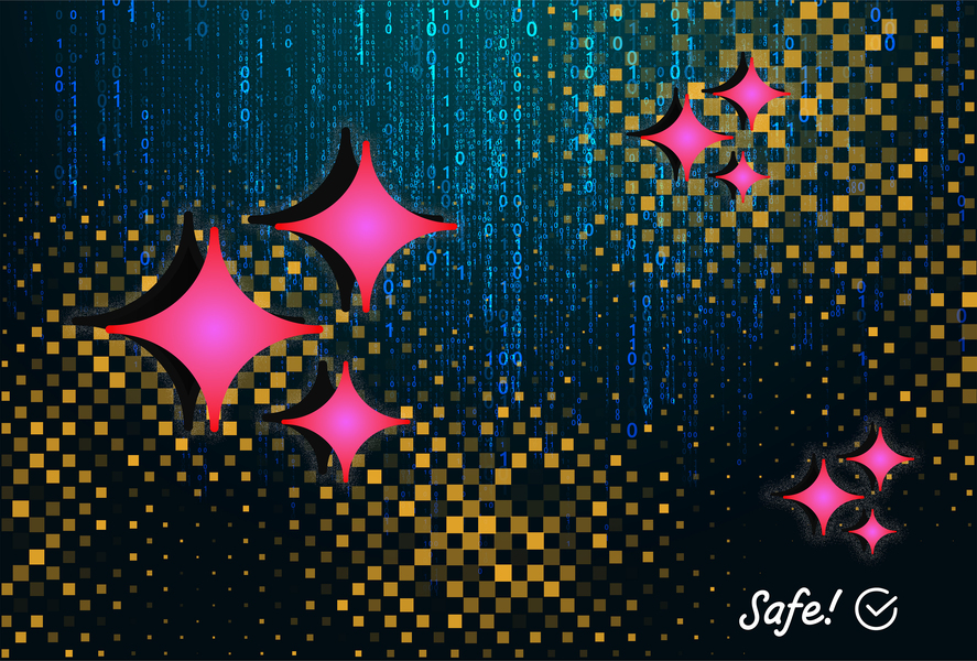 Sparkles, checkered patterns, and numbers in the background and the text \"Safe\" with a checkmark at the bottom right corner