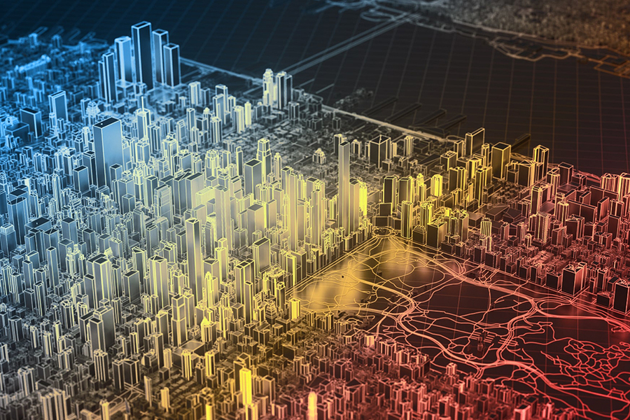 Computer graphic illustration in the style of an aerial view of New York City, in which buildings are colored outlines against a black background. The view is looking down on the southwestern corner of Central Park and midtown west toward the Hudson River