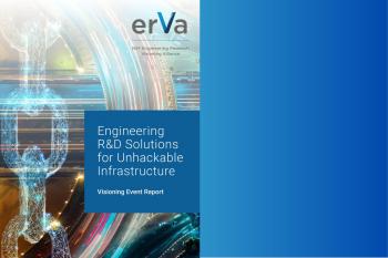 a split image with a solid blue color on the right side and a long exposre light trail in a semi circle with the words "Engineering R&D solutions for the unhackable infrastructure of the future" written in white inside of a blue square on the left side