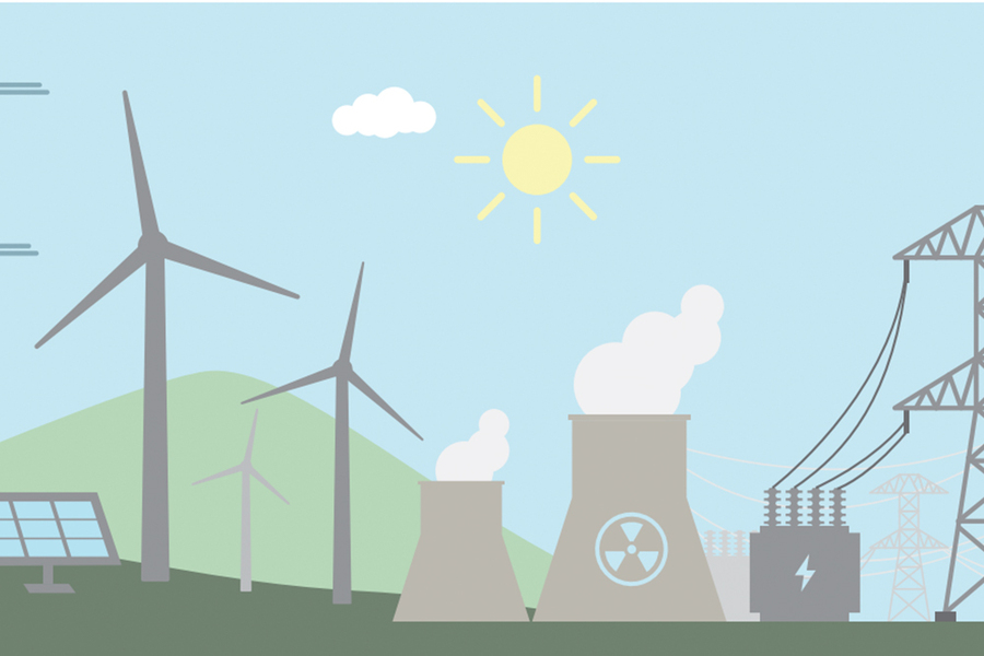 Illustration of solar panels, wind turbines, power plant stacks, battery storage, and power lines.