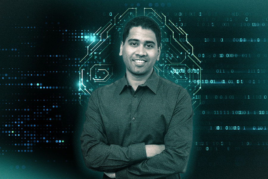 an image of Kalyan Veeramachaneni with digital circuitry & 0s and 1s floating behind