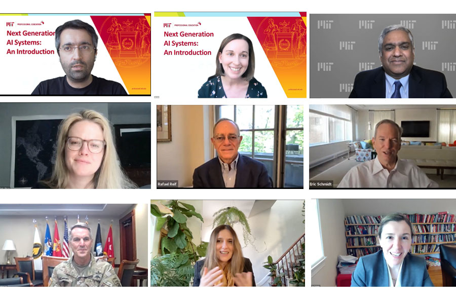 Three by three grid of headshot screengrabs from a video conference. Top row, left to right: Sertac Karaman, Julie Shah, and Anantha Chandrakasan. Middle row, left to right: Stephanie Culberson, L. Rafael Reif, and Eric Schmidt. Bottom row, left to right: General Richard Clarke, Regina Barzilay, and Asu Ozdaglar.