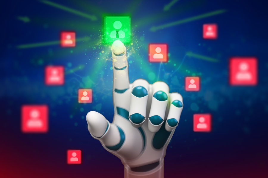 A robot hand picks a green profile icon over red ones.