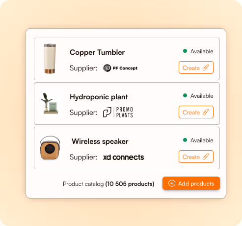 Product list showing Copper Tumbler, Hydroponic plant, and Wireless speaker, each marked available with supplier names and a create button, plus a button to add products to catalog.