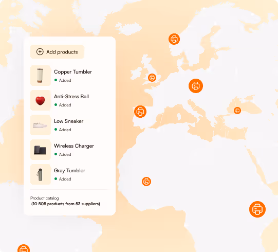 Product catalog interface showing a map with printer icons in Europe and the Middle East, and a sidebar listing added products including Copper Tumbler, Anti-Stress Ball, Low Sneaker, Wireless Charger, and Gray Tumbler.