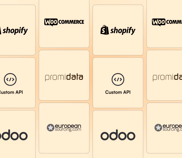 Grid of logos including WooCommerce, Shopify, Custom API, Promidata, European Sourcing, and Odoo on a beige background.