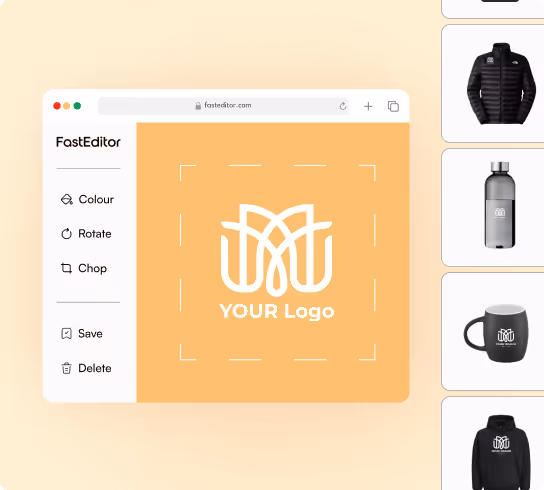 Graphic editor interface showing a monogram-style logo with the text 'YOUR Logo' on an orange background, with options to colour, rotate, chop, save, and delete on the left panel.