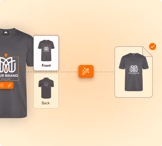 Dark gray T-shirt design interface showing front and back views with a white logo and orange editing icons on a beige gradient background.