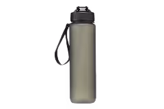 Tall frosted gray water bottle with black lid and carrying strap.