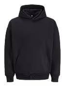 Plain black hooded sweatshirt with front pocket and ribbed cuffs and hem.