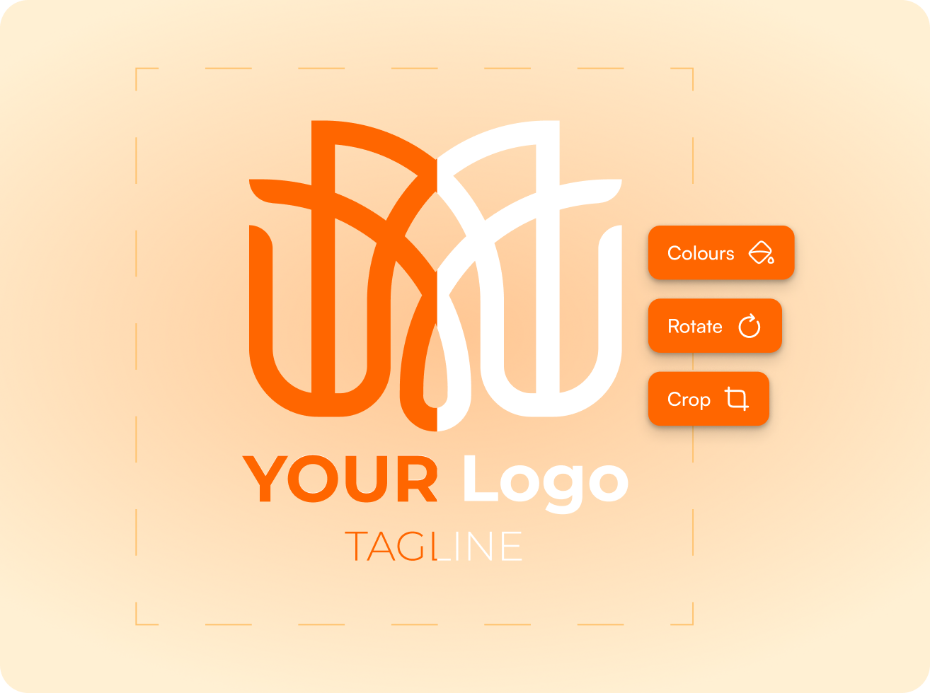 Editable logo design with two stylized overlapping tulip shapes, one orange and one white, above text reading 'YOUR Logo' and 'TAGLINE', with buttons labeled Colours, Rotate, and Crop on the right.