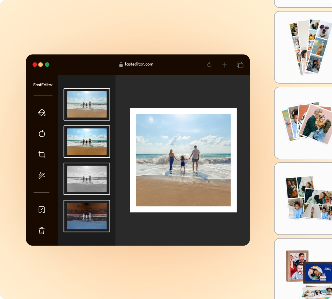Photo editor interface showing a family holding hands and standing at the beach with waves, with options for color and filter adjustments.