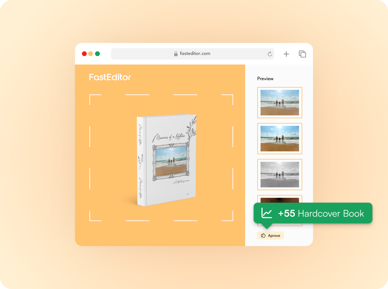 FastEditor interface showing a hardcover photo book titled 'Memories of a lifetime' with preview thumbnails and an approval notification for 55 hardcover books.