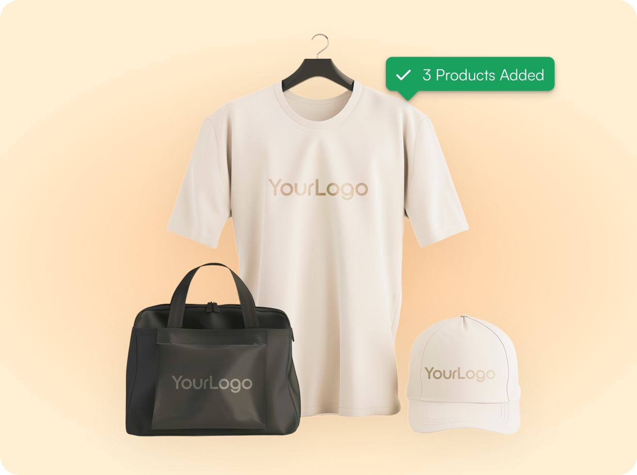 Beige t-shirt, black bag, and beige cap with 'YourLogo' printed on them, arranged on a light background with '3 Products Added' notification.