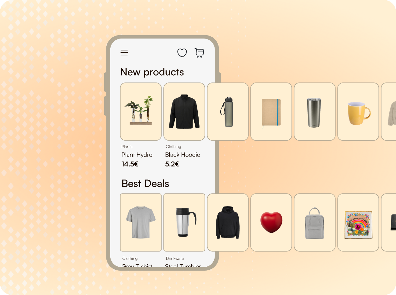 Smartphone screen displaying an e-commerce app with sections for New products and Best Deals featuring items like plants, black hoodie, gray t-shirt, and steel tumbler.