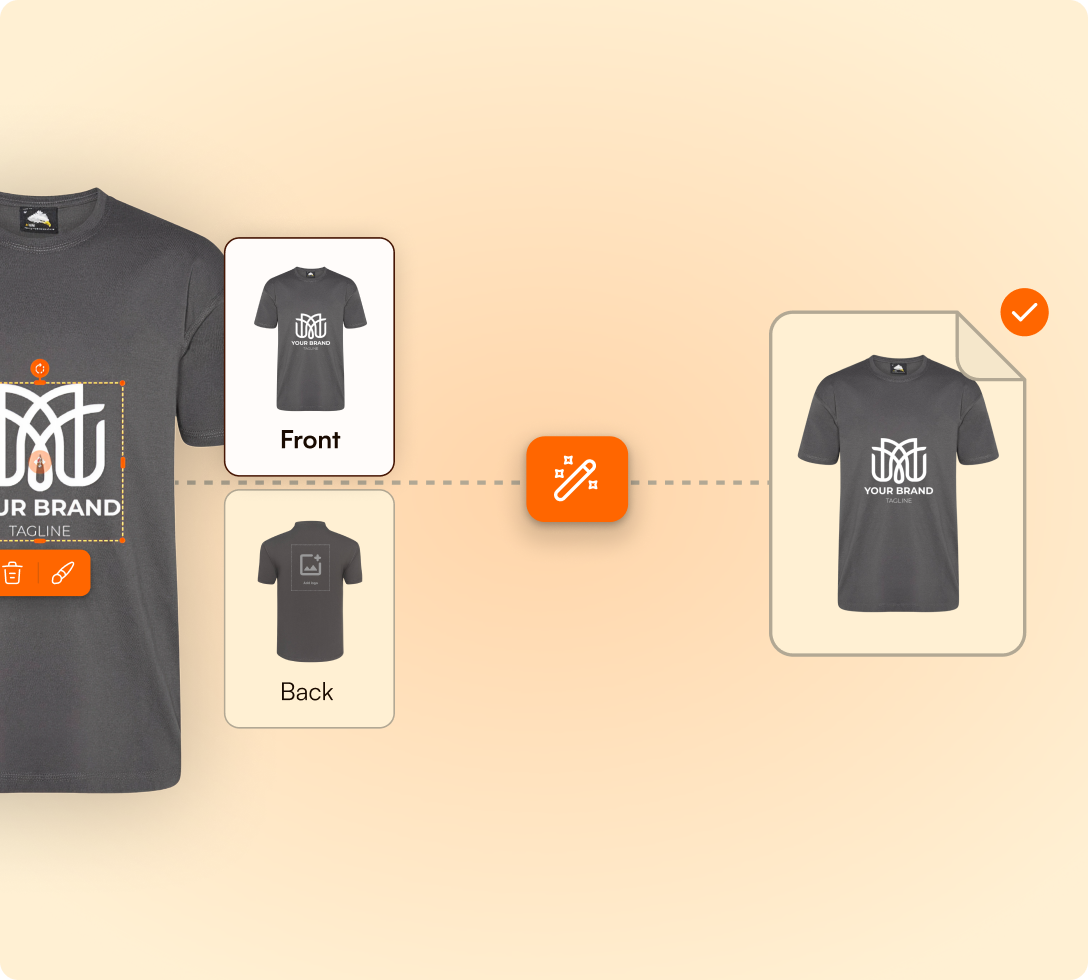 Online tool interface showing custom logo design placement on a gray t-shirt, with front and back view options and editing tools.
