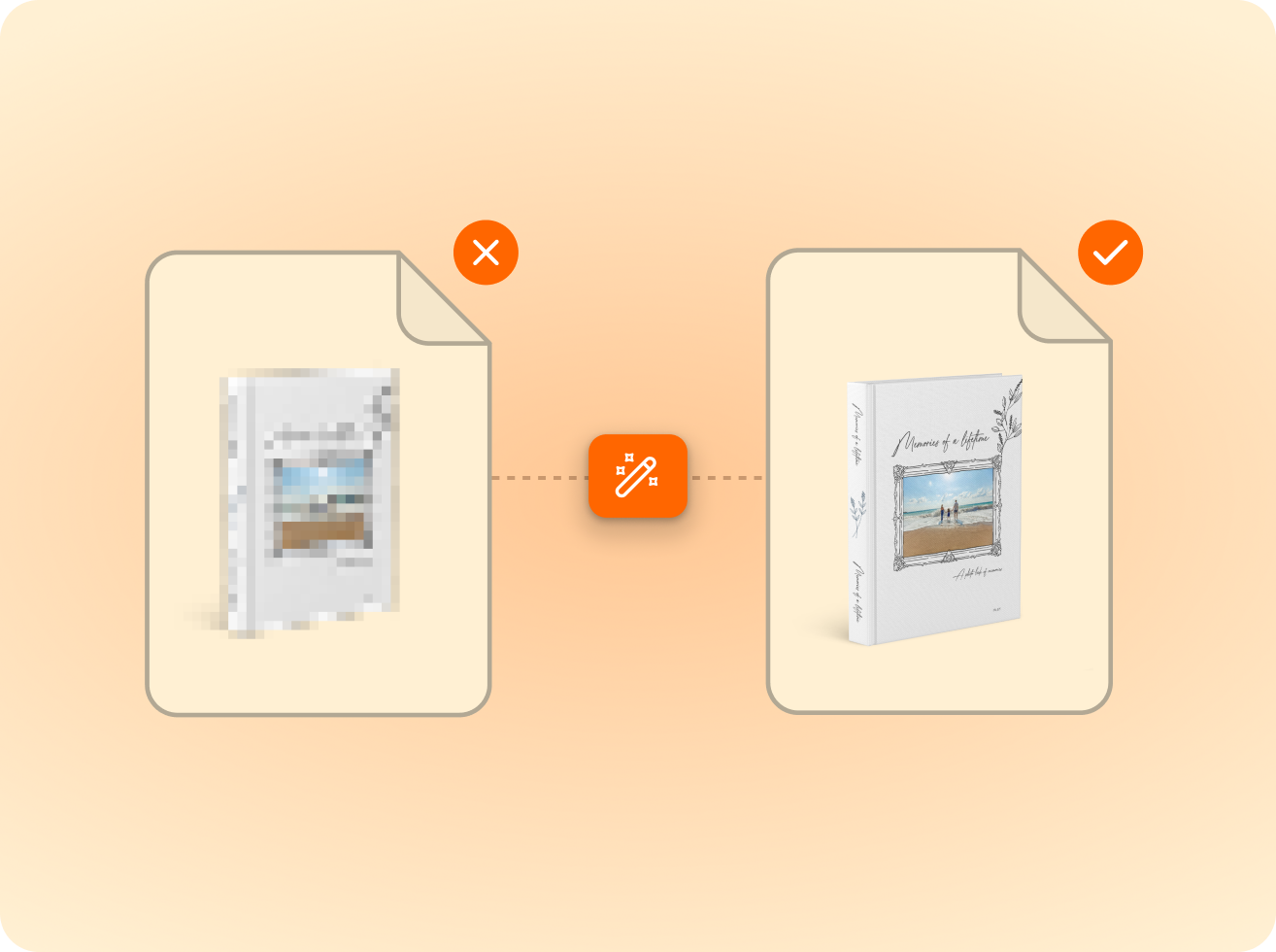 Comparison of two book cover images: left image is pixelated with a red X, right image is clear with a red checkmark, connected by a magic wand icon.