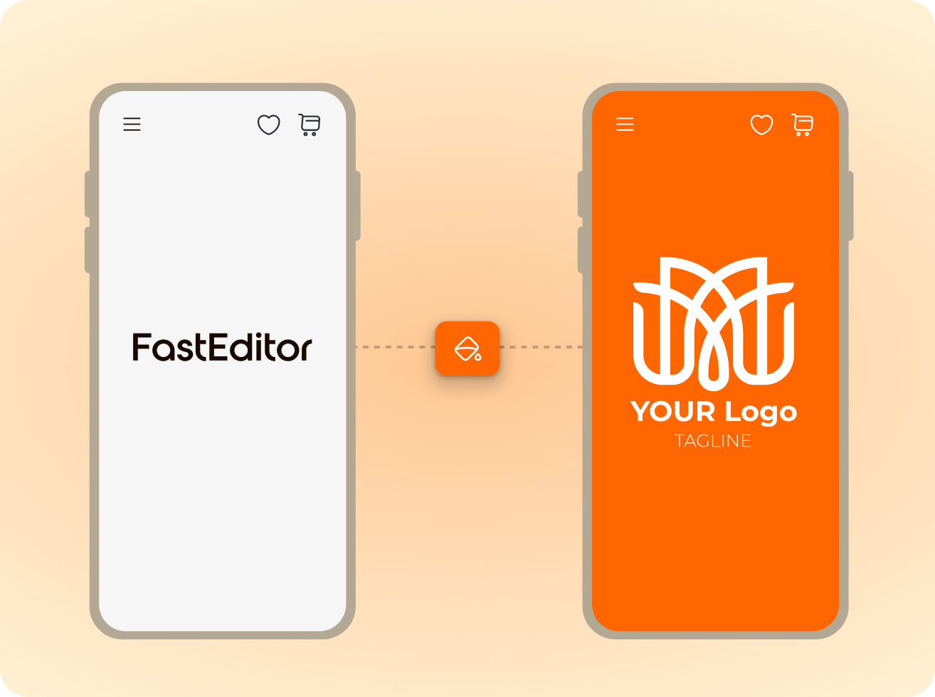 Two smartphone screens side by side; left screen shows FastEditor logo on white background, right screen displays a customizable app screen with an abstract logo, 'YOUR Logo' and 'TAGLINE' text on an orange background.
