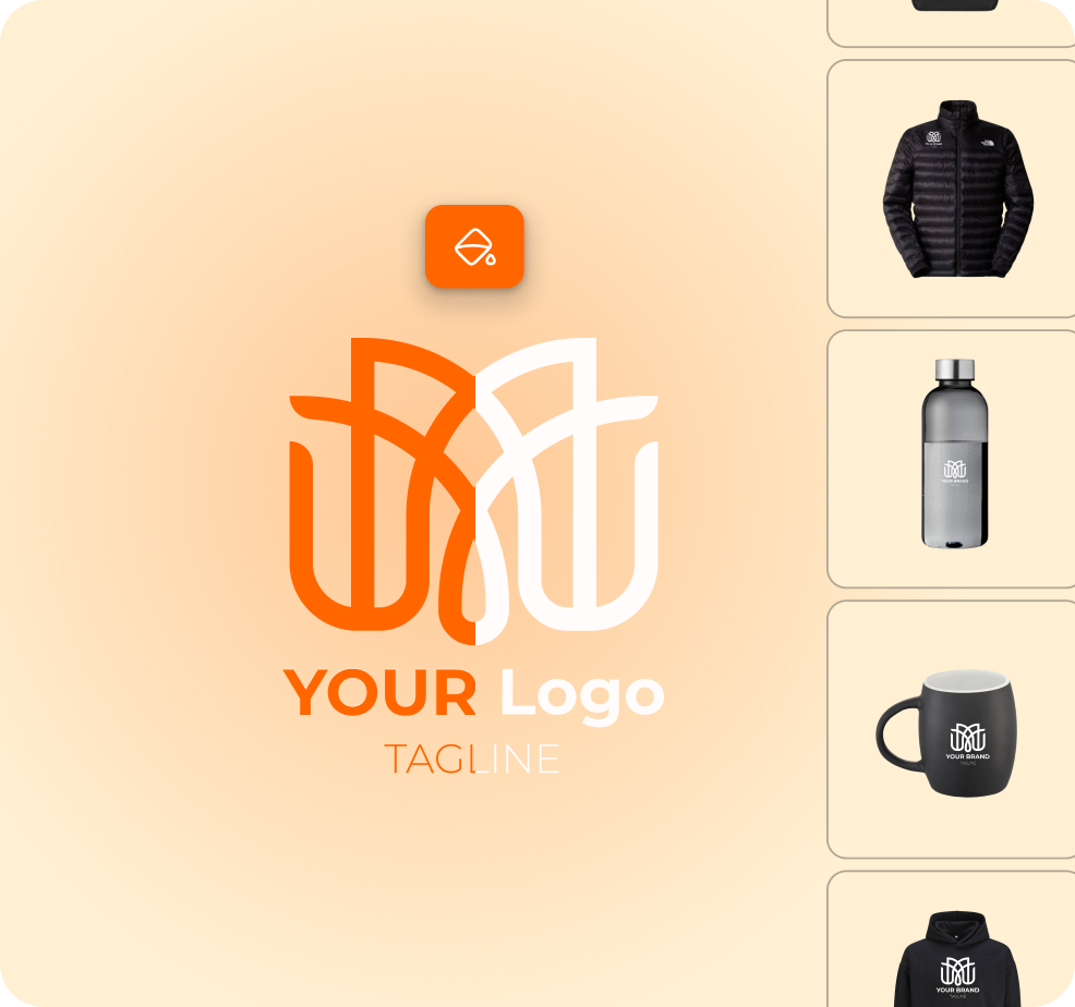 Logo design with interlocking orange and white shapes above the text 'YOUR Logo' and 'TAGLINE' on a light gradient background.