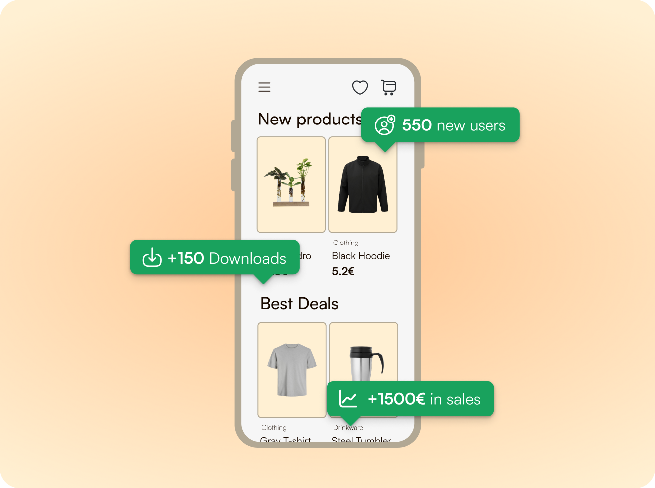 Mobile app screen showing new products and best deals including a black hoodie, gray t-shirt, plants, and a steel tumbler with sales and user statistics.