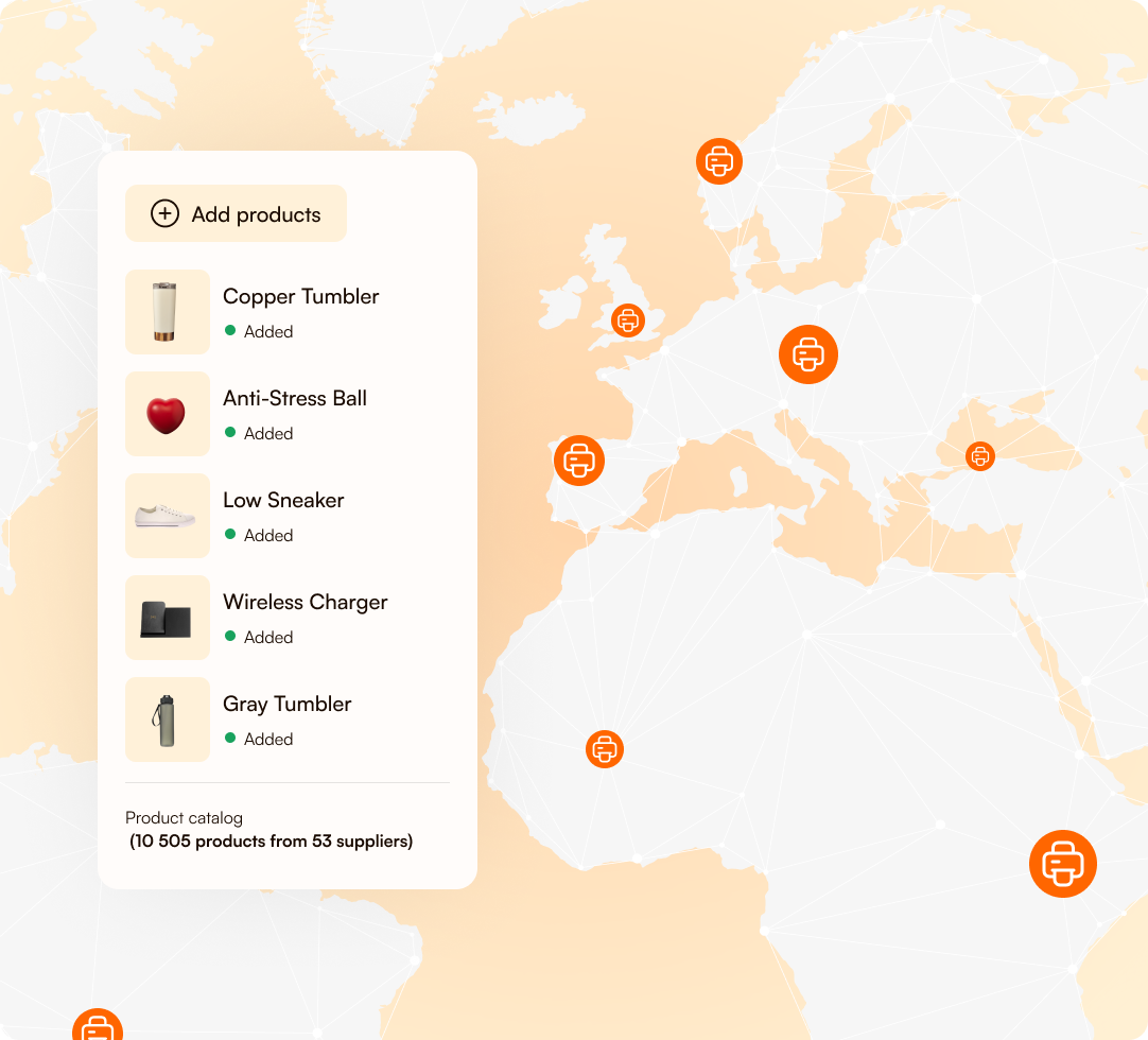 User interface showing a product list with added items like copper tumbler and low sneaker over a map with printer icons marking multiple locations.