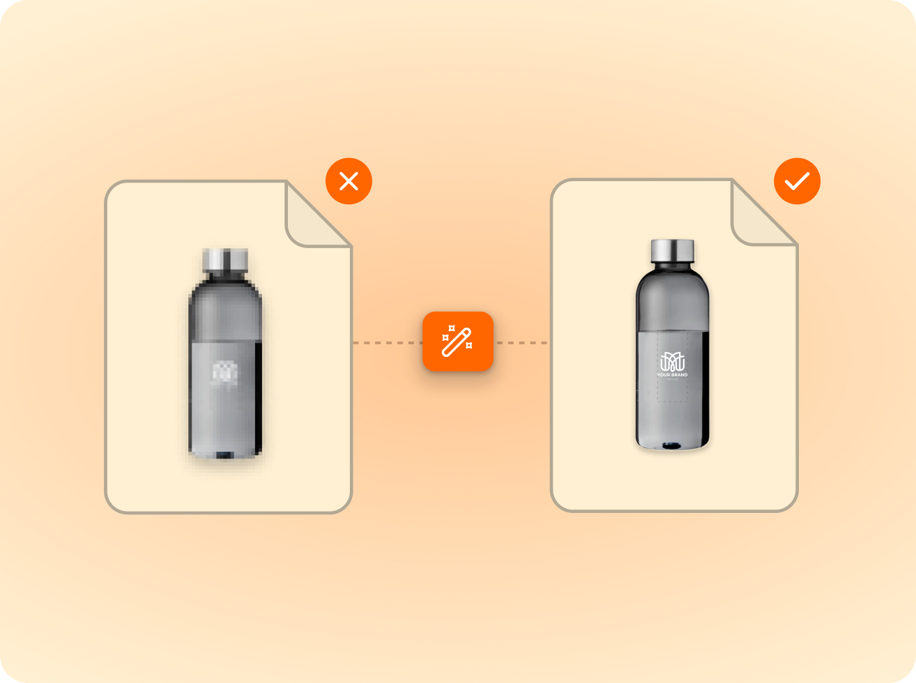 Comparison of two files showing a pixelated bottle image on the left marked incorrect and a clear bottle image on the right marked correct.