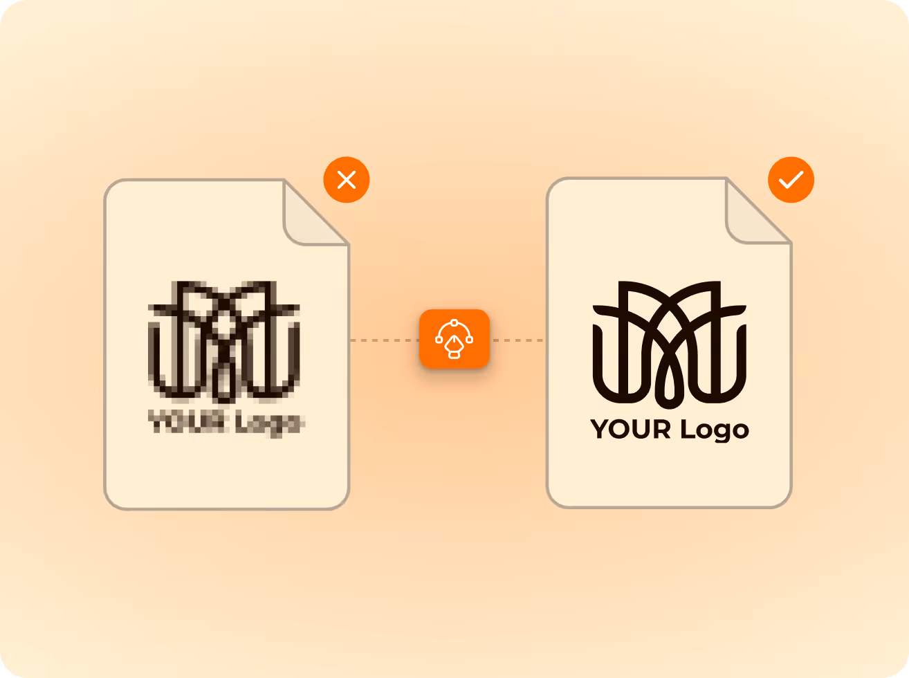 Comparison of two logo files, left one pixelated with a red cross, right one clear with a green check, connected by an editing tool icon.