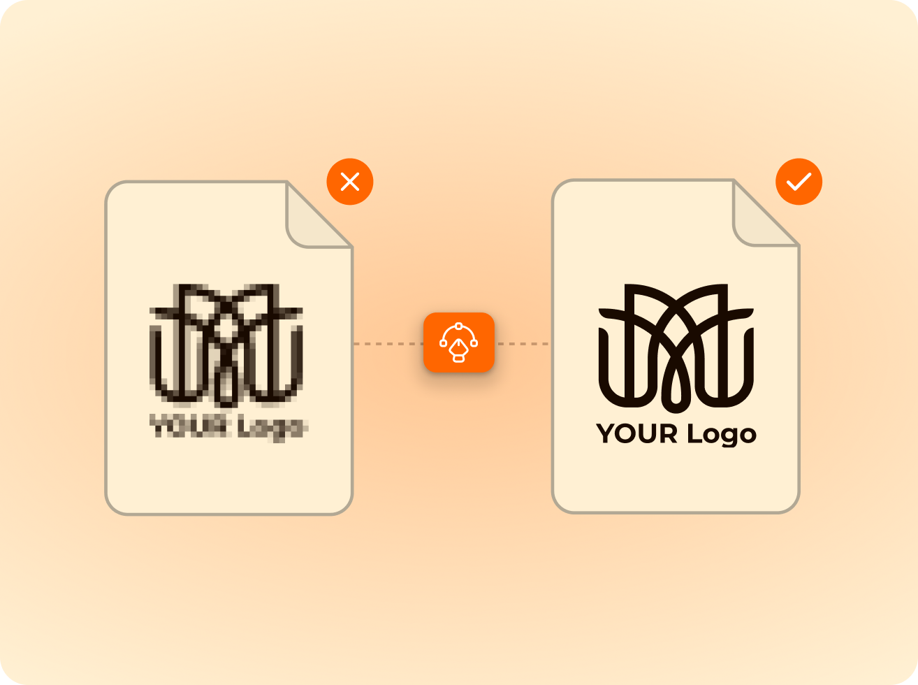 Comparison of two logo files, left one pixelated with a red cross, right one clear with a green check, connected by an editing tool icon.