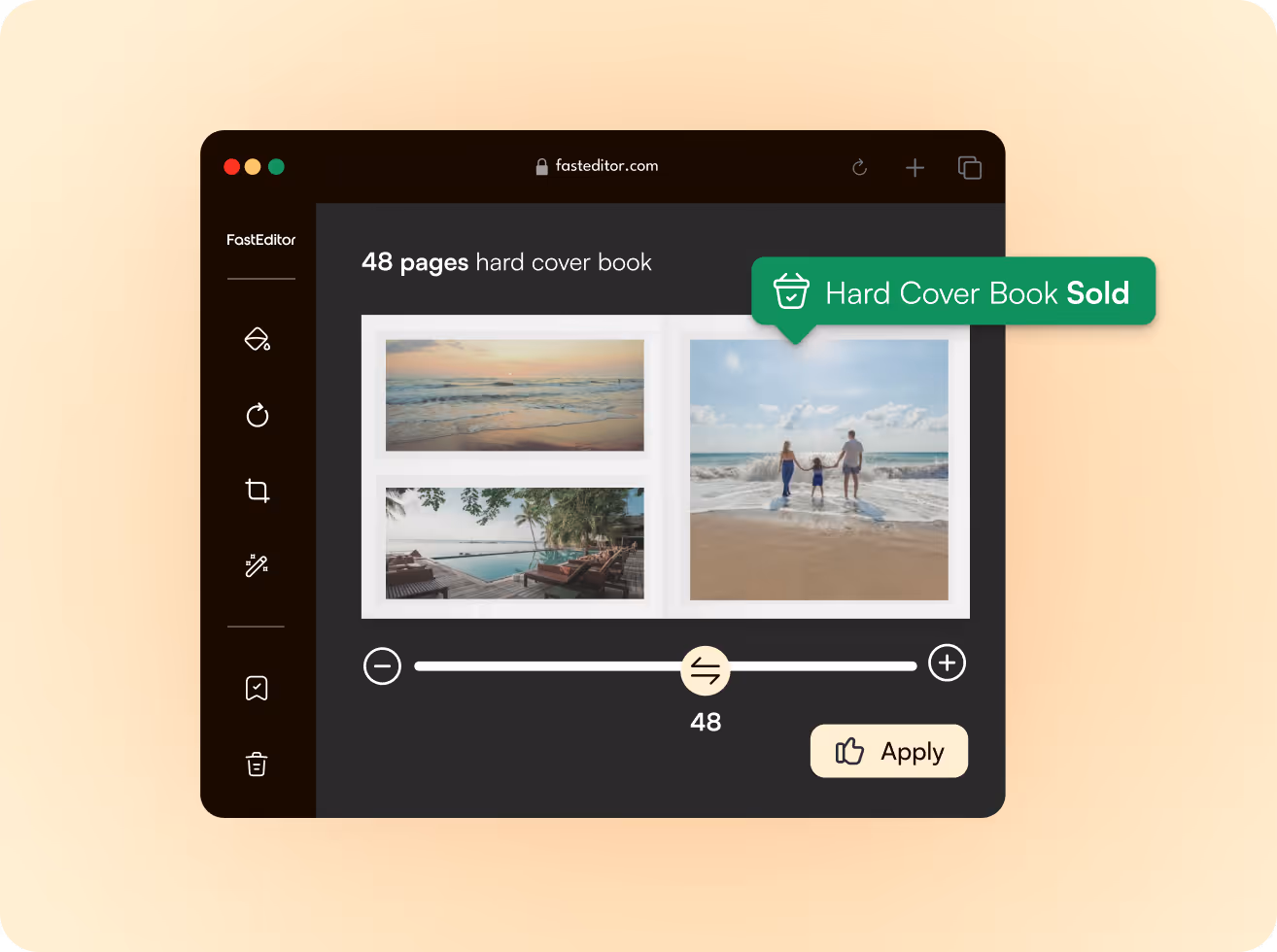 Photo book editor interface showing a 48-page hard cover book with beach and family photos and a 'Hard Cover Book Sold' notification.
